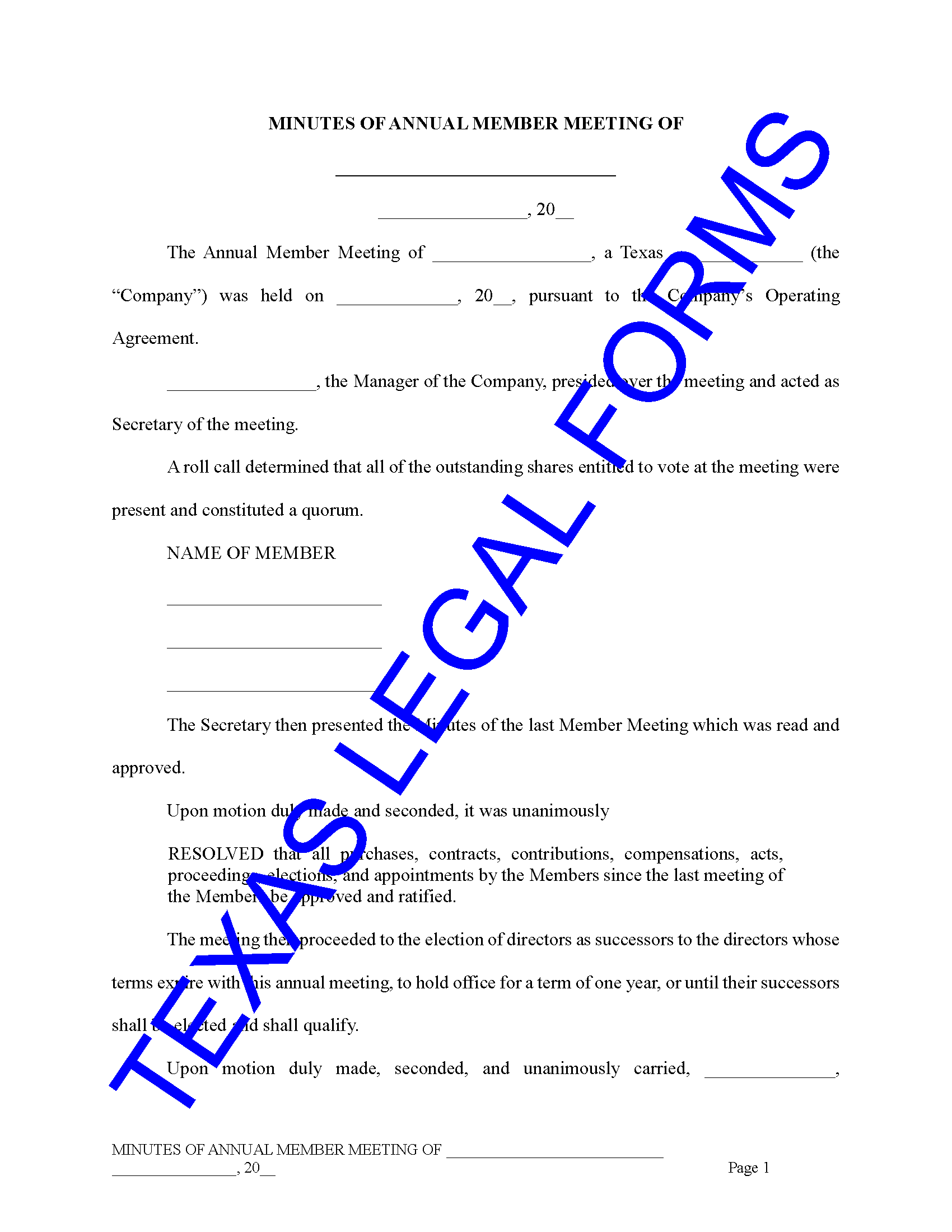 Texas Annual Minutes Of The Members LLC Form Buy Corporate Legal