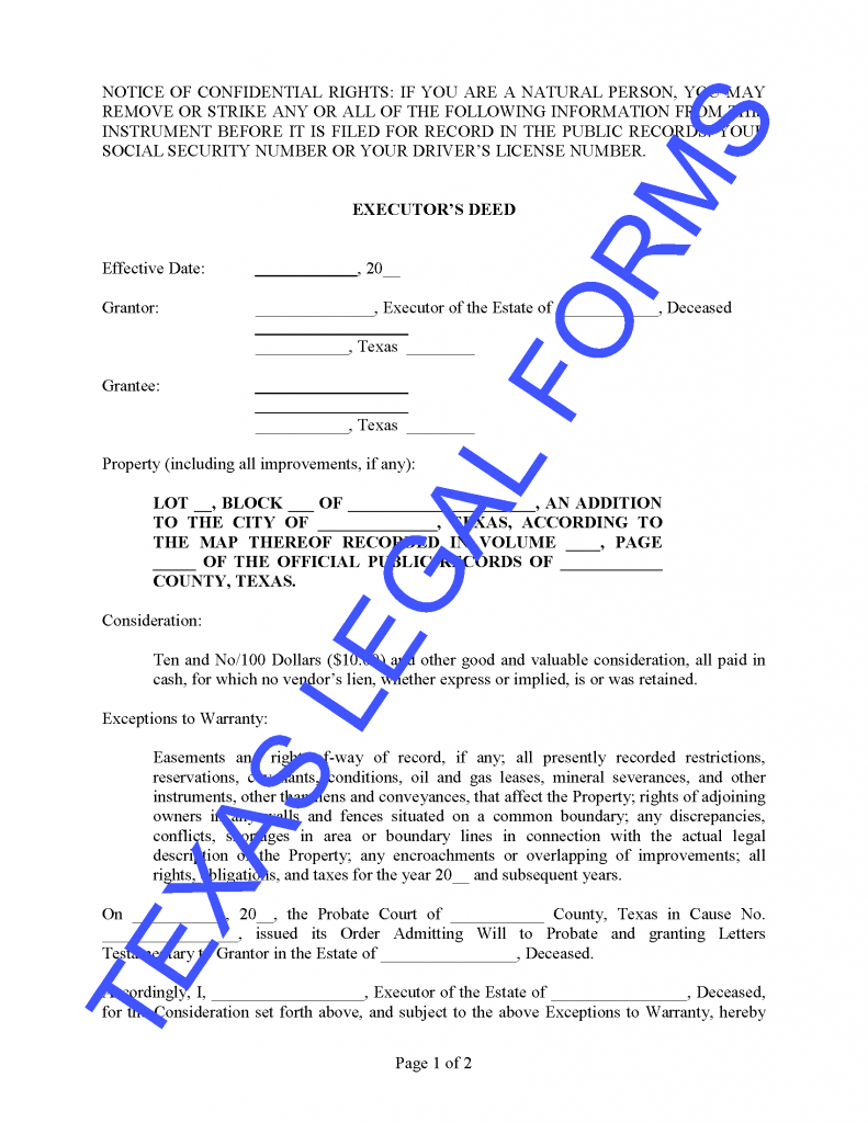Executor s deed texas legal forms by david goodhart pllc