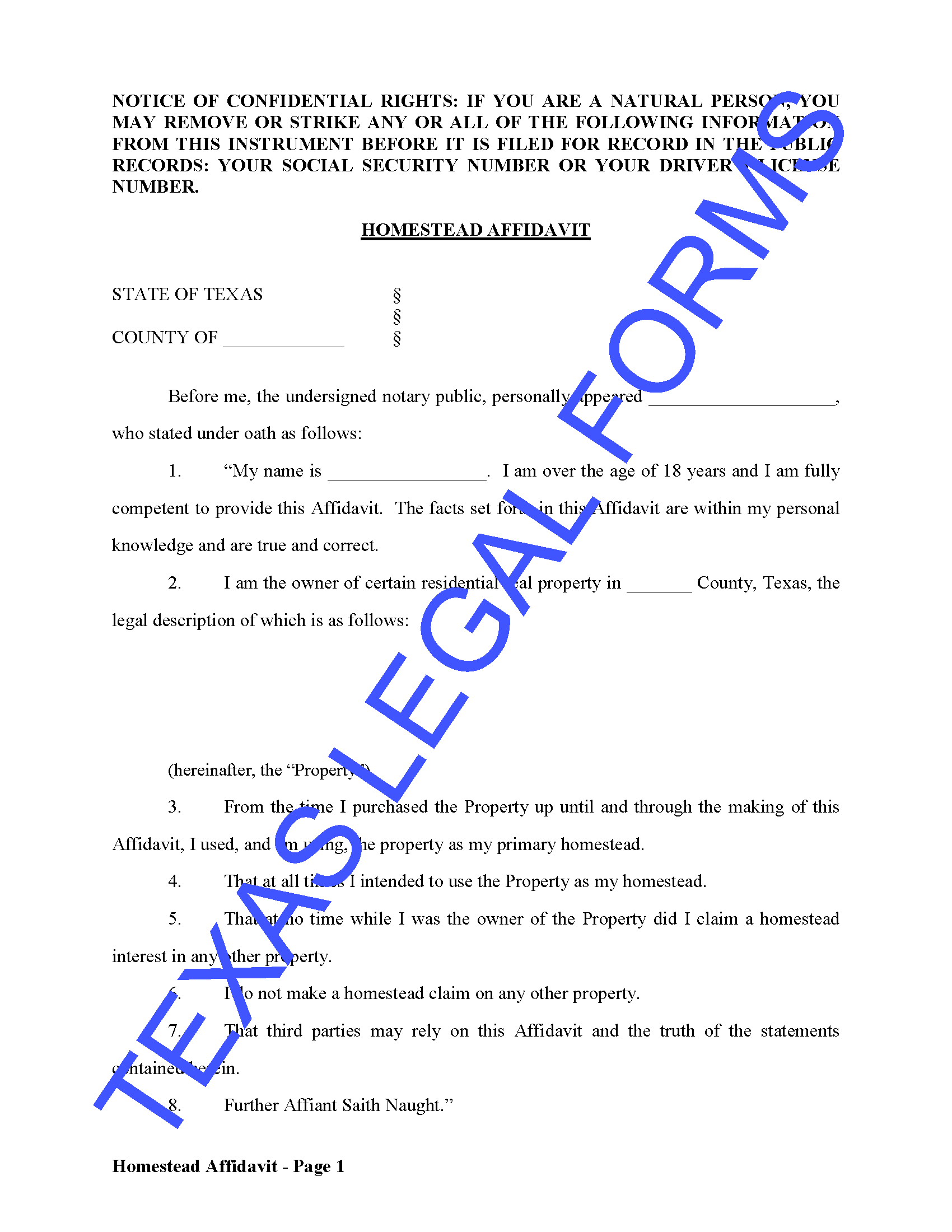 Texas Homestead Affidavit Form Download Real Estate Legal Forms 