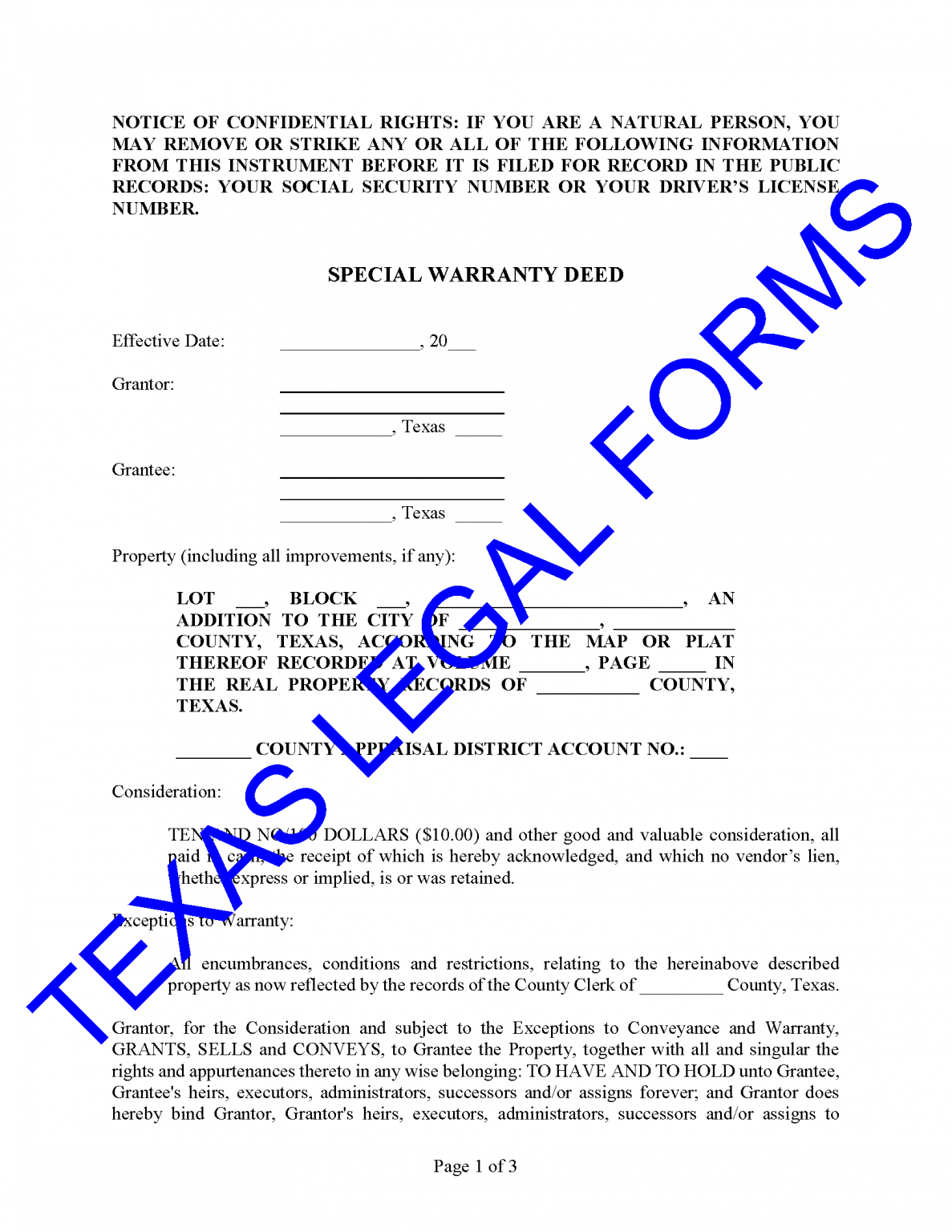 Special Warranty Deed Joint Tenancy Survivorship Agreement Texas