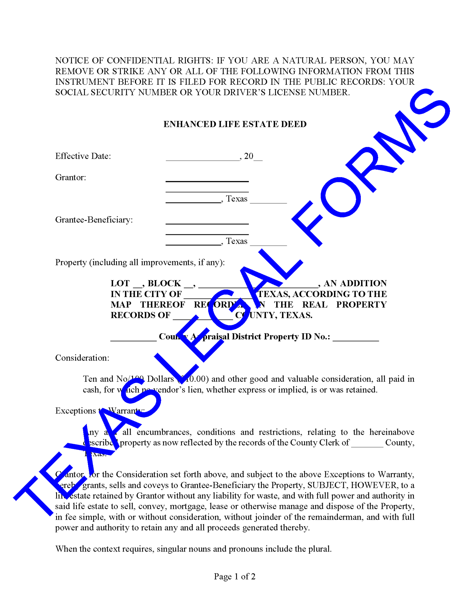 Enhanced Life Estate Deed (Lady Bird Deed) - Texas Legal Forms by David Goodhart, PLLC